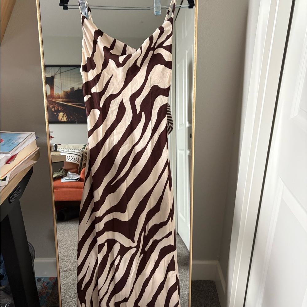 Sleeveless Zebra-Print Slip Dress in Almond and Chocolate